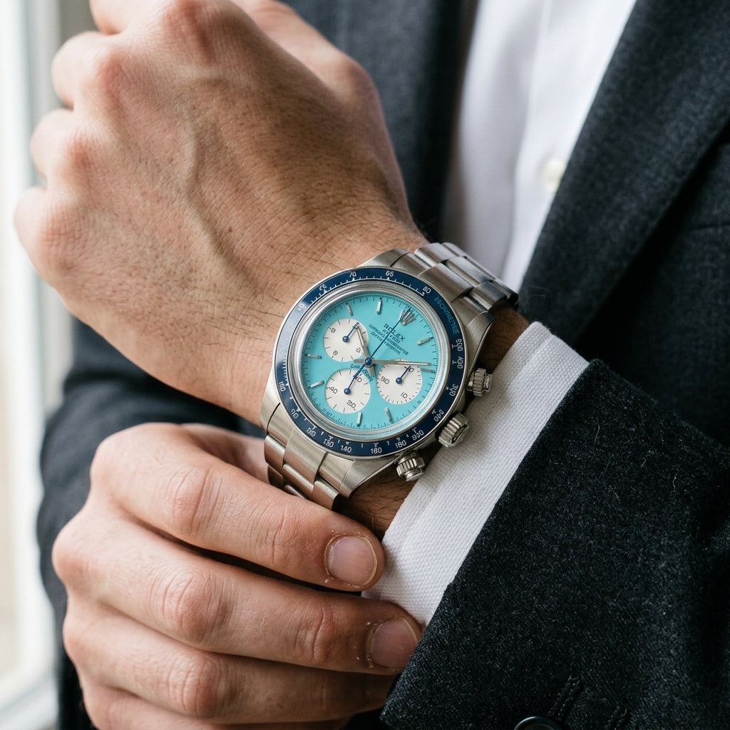 Steel chronograph with a turquoise dial and silvery-white counters on the wrist as a shirt cuff is fastened