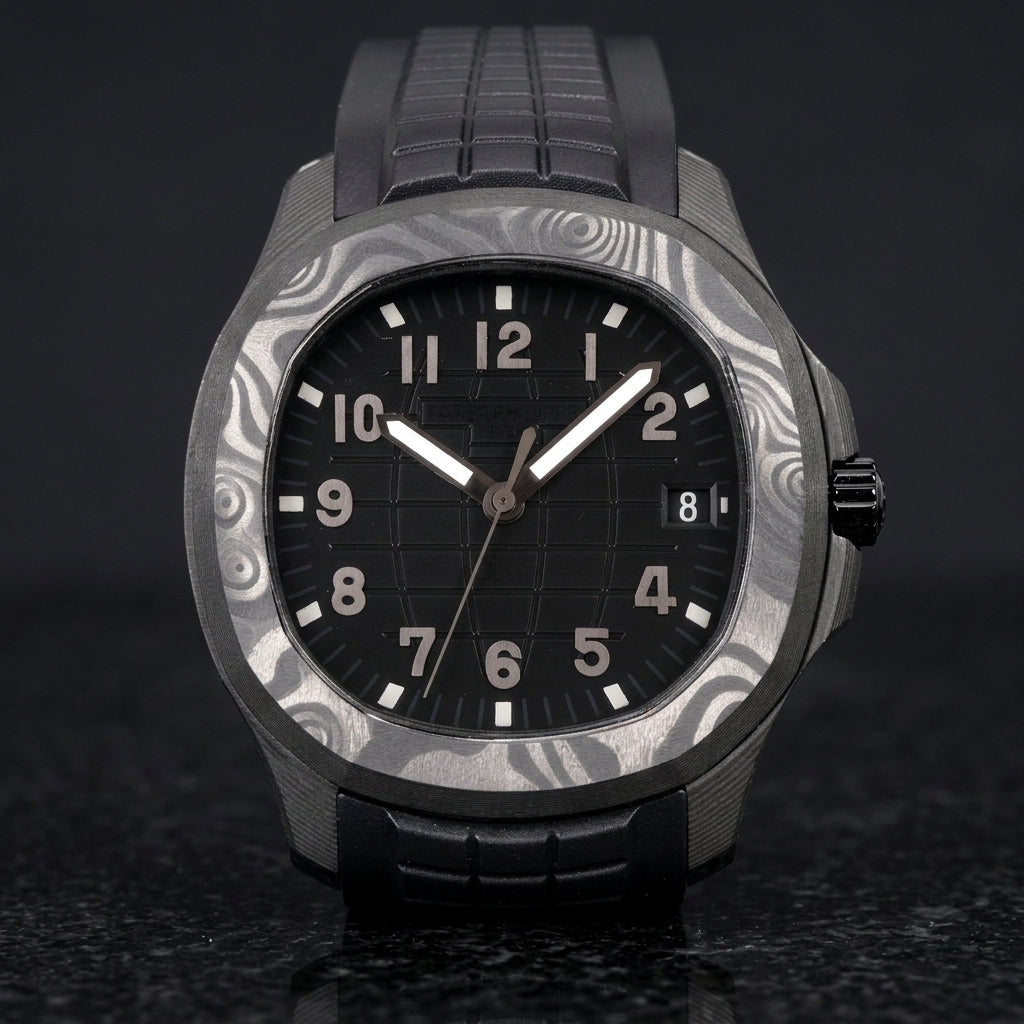 Forged-carbon watch with a black grid dial and gunmetal-grey numerals, upright on polished black granite