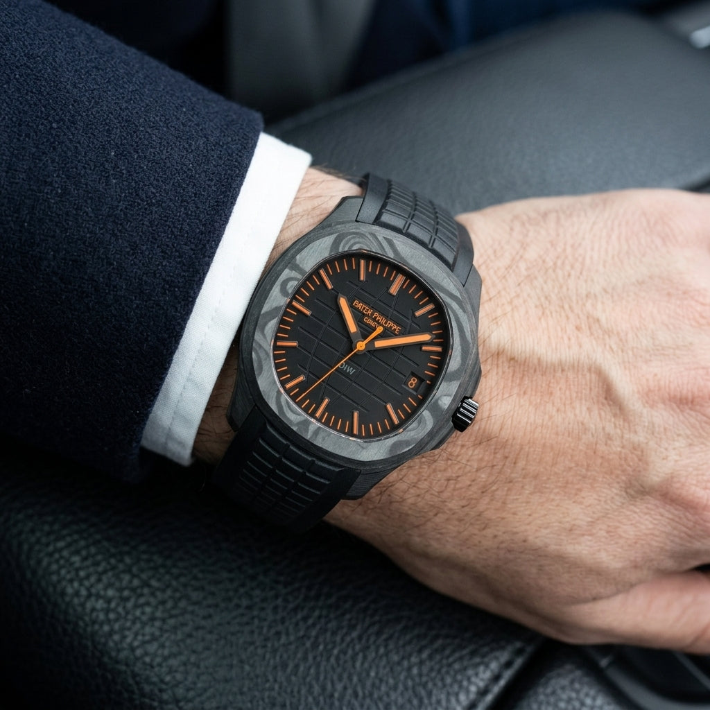 Black forged-carbon watch with an orange-on-black dial on a black rubber strap, worn on the wrist below a dark suit cuff