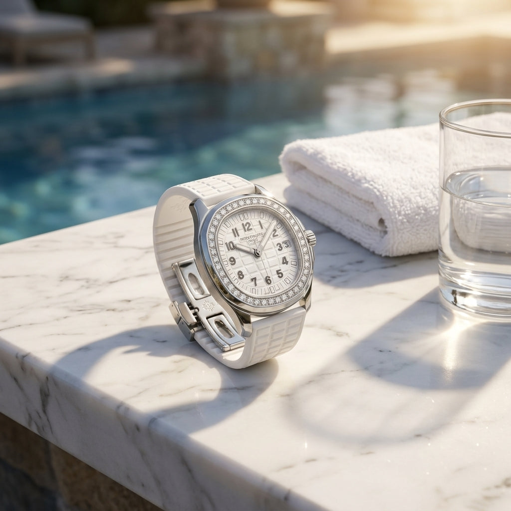 Cushion-case watch with pavé bezel on a white rubber strap