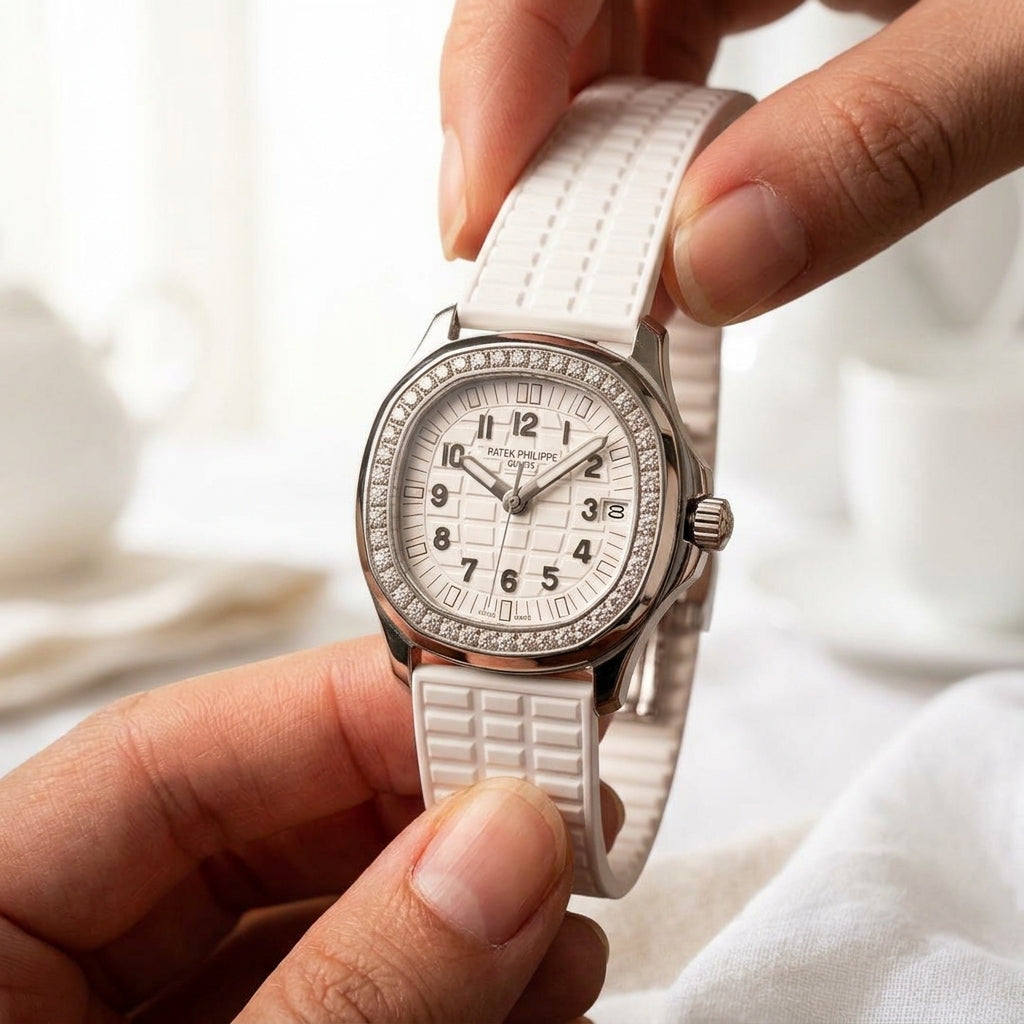 Macro of the embossed white grid dial with oversized numerals