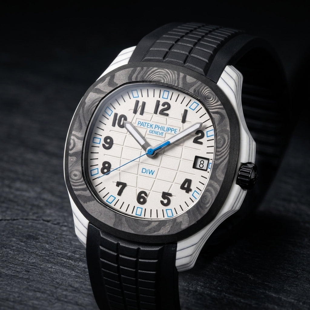 White carbon grid-dial watch at a three-quarter angle on dark slate, grey-black layer lines along the white case flank, a black fluted crown and the black rubber strap
