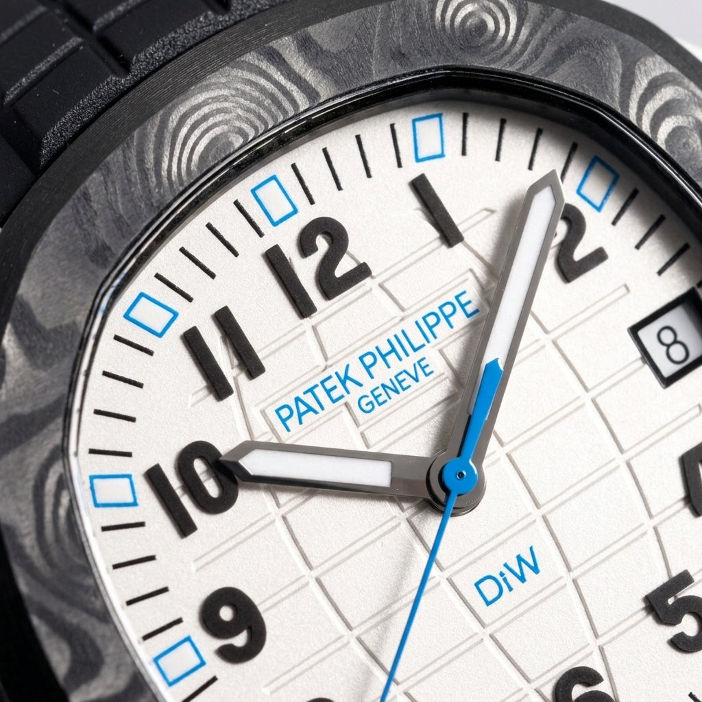 Macro of the white globe-grid dial with raised black numerals, hollow blue square markers, a blue seconds hand and the date window at three, inside the marbled black bezel