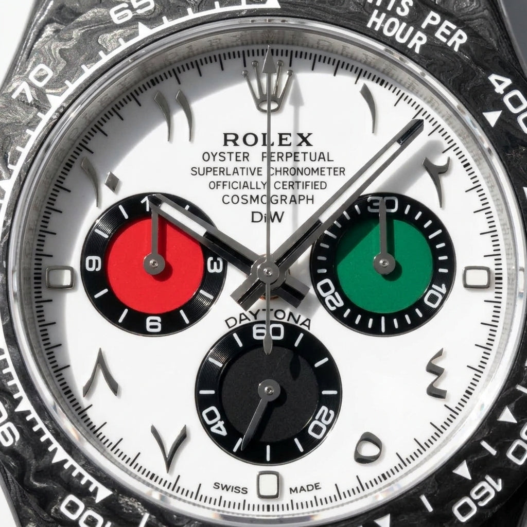 Macro of the white dial, its Arabic numerals and the red, green and black counters