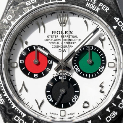 Macro of the white dial, its Arabic numerals and the red, green and black counters
