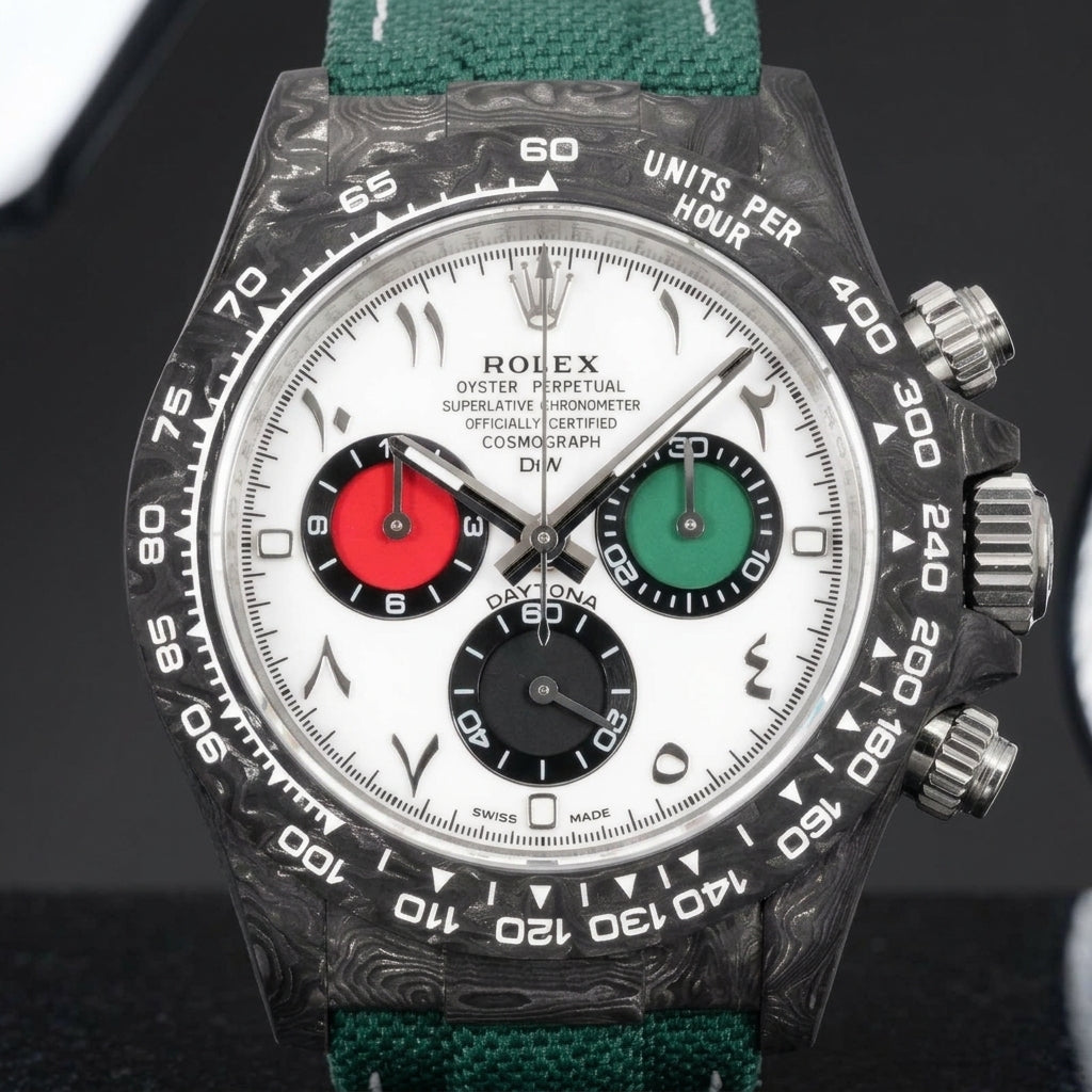 Forged-carbon chronograph on a green woven strap with white stitching, worn under a cuff