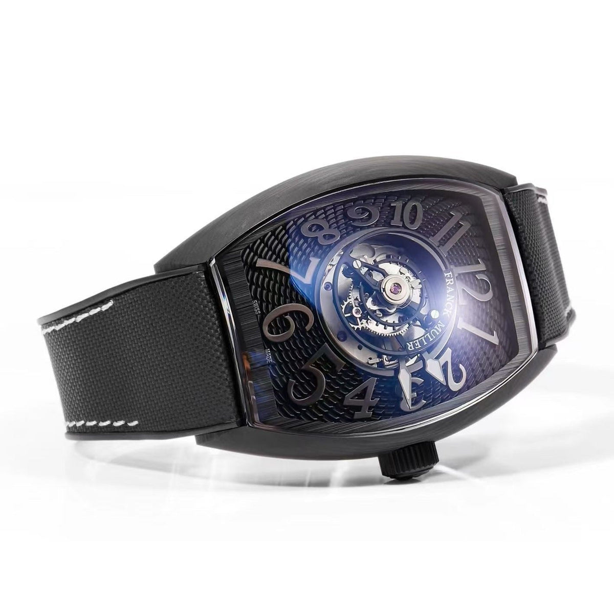 Studio photograph of the Open Tourbillon on black granite