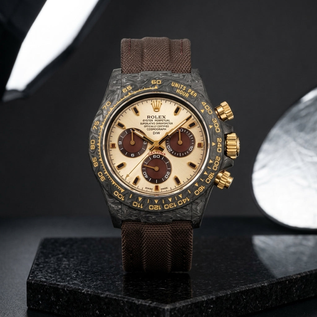 Studio photograph of the Brown Forged Carbon on black granite