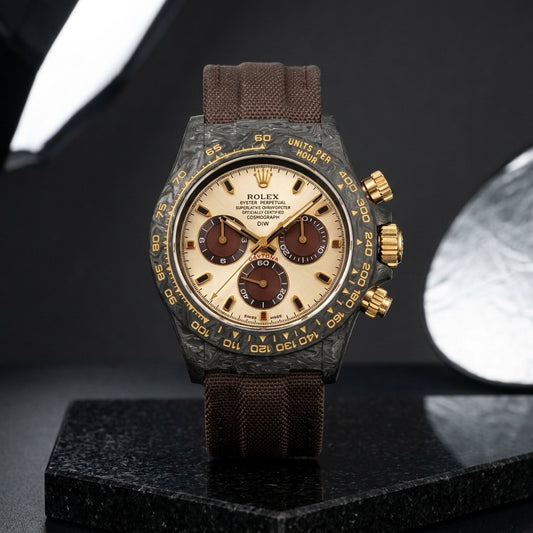 Studio photograph of the Brown Forged Carbon on black granite
