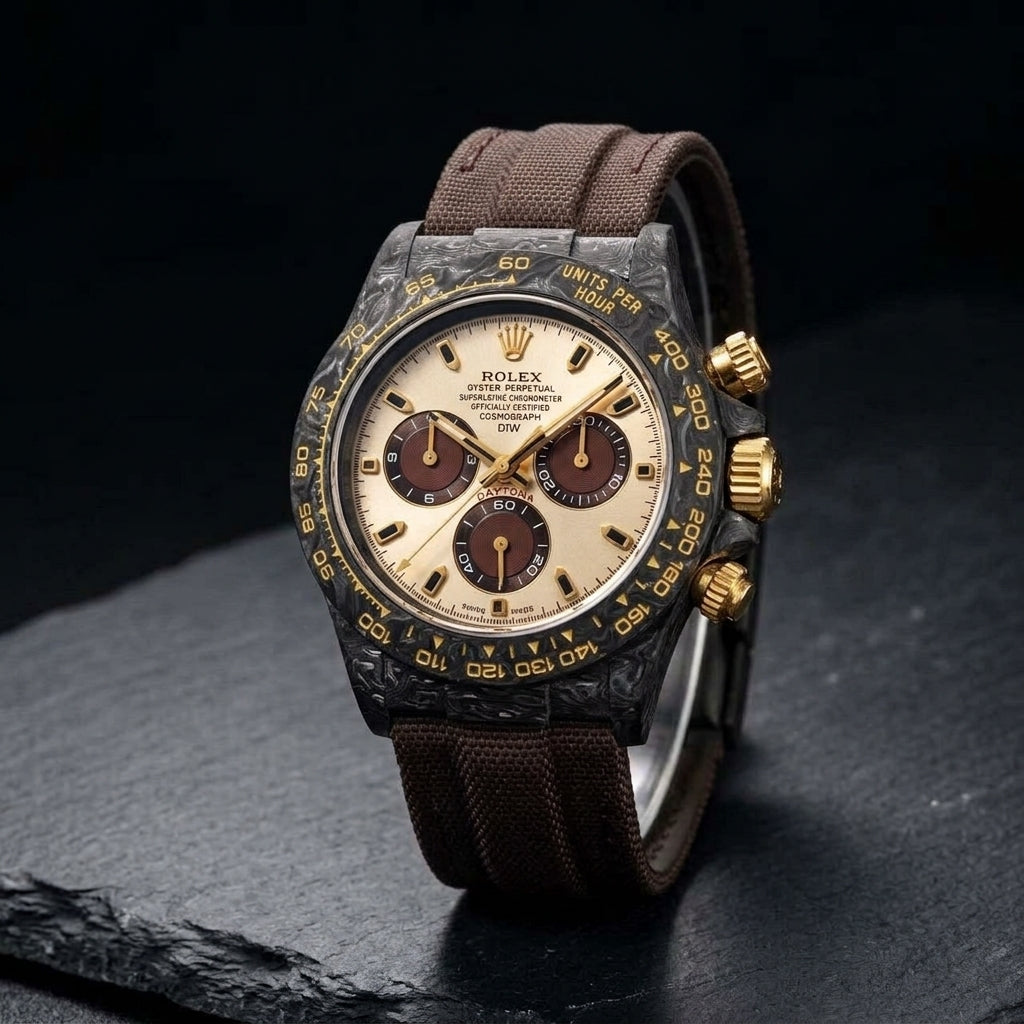 Three-quarter view showing the case profile and bracelet of the Brown Forged Carbon