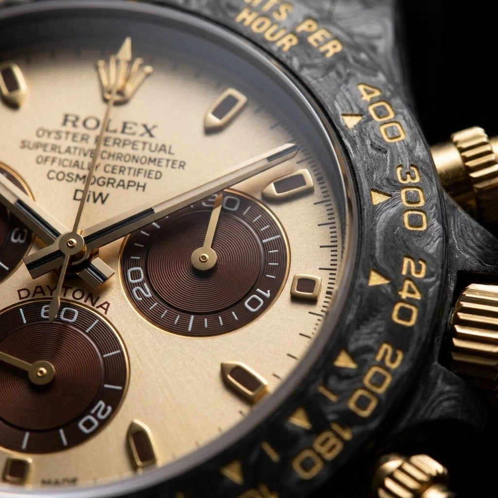 Close macro of the dial and bezel detail on the Brown Forged Carbon