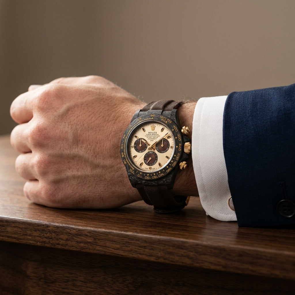 The Brown Forged Carbon worn on the wrist beneath a tailored shirt cuff