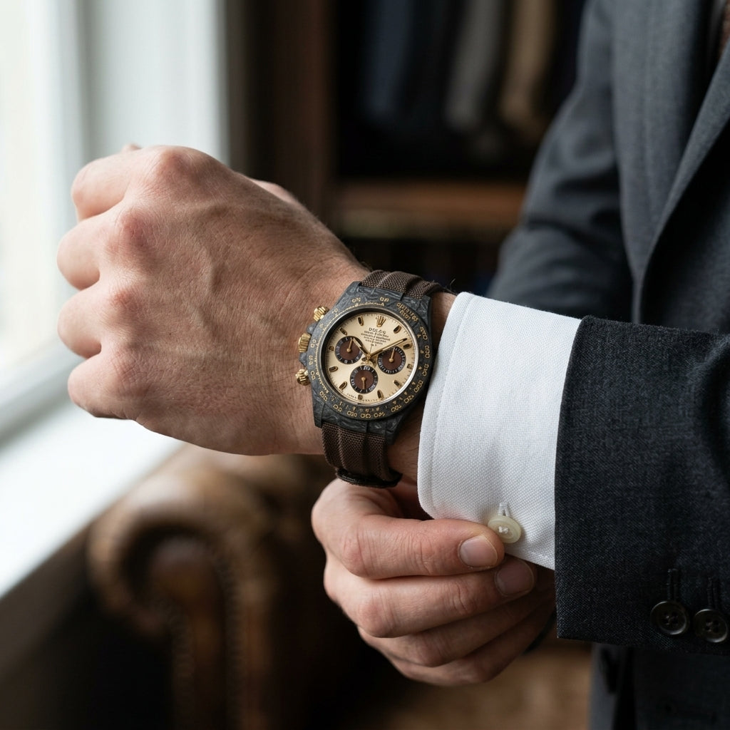 Brown Forged Carbon Chronograph — Ivory Panda Dial, Gold Tri — editorial photograph