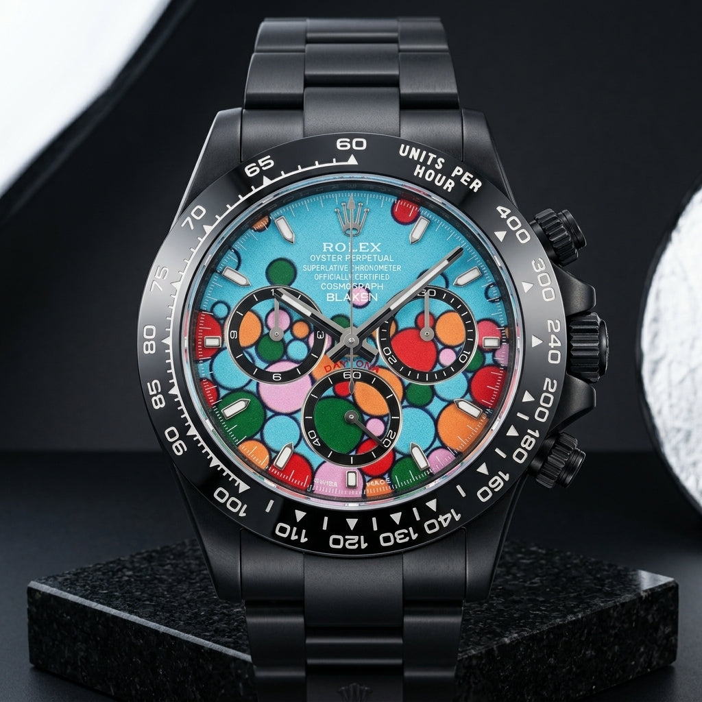 Black DLC chronograph with a turquoise dial of red, orange, green and pink circles, standing upright on polished black granite