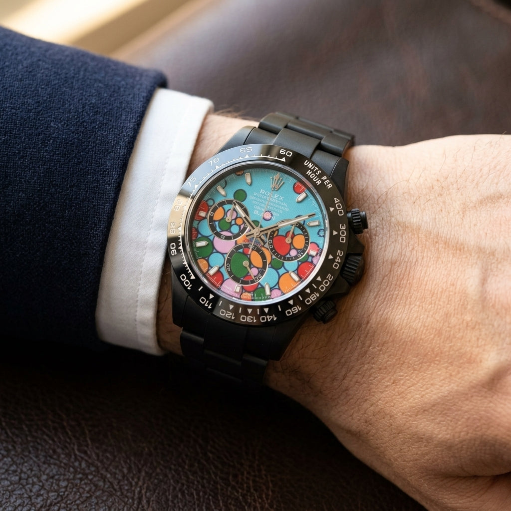 Black DLC chronograph with a turquoise bubble dial on a black steel bracelet, worn on the wrist below a navy suit cuff