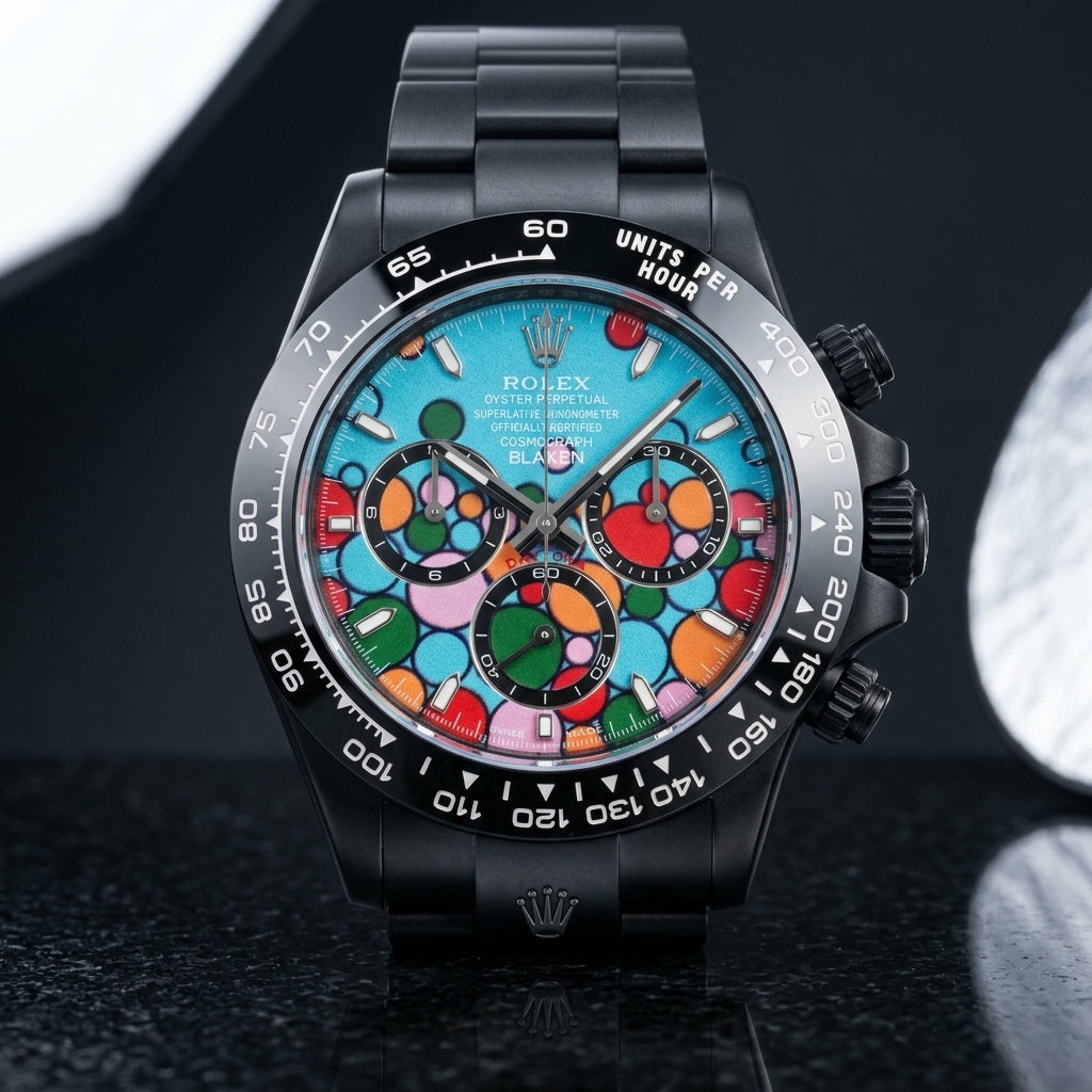 Black DLC chronograph with a turquoise bubble dial on a black steel bracelet, worn on the wrist below a navy suit cuff