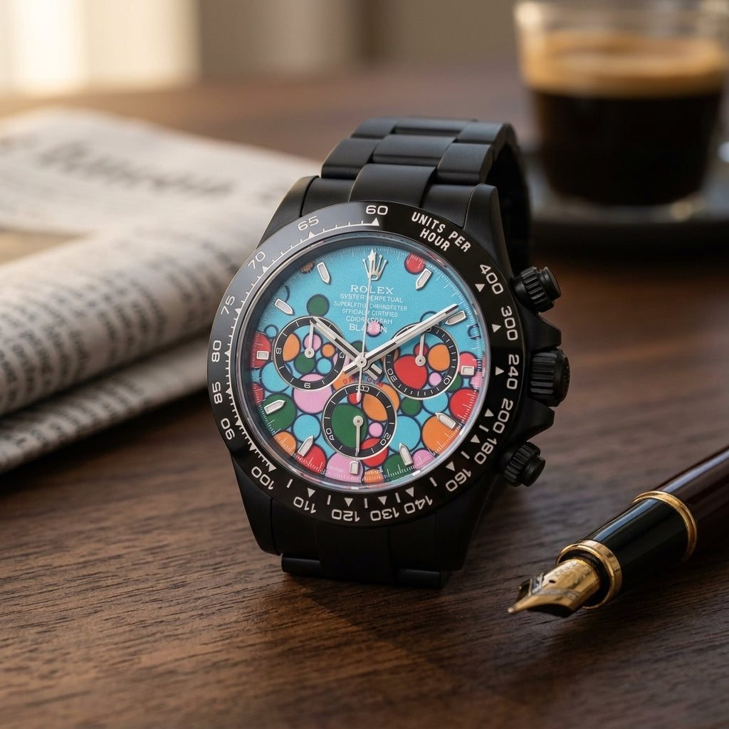 Black DLC chronograph with a turquoise bubble dial on a dark walnut desk beside a fountain pen