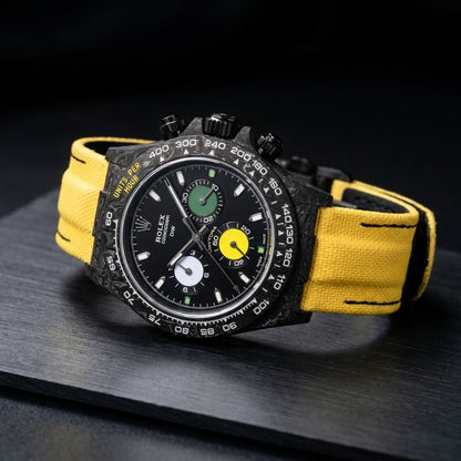 Three-quarter view showing the case profile and bracelet of the Yellow Racing