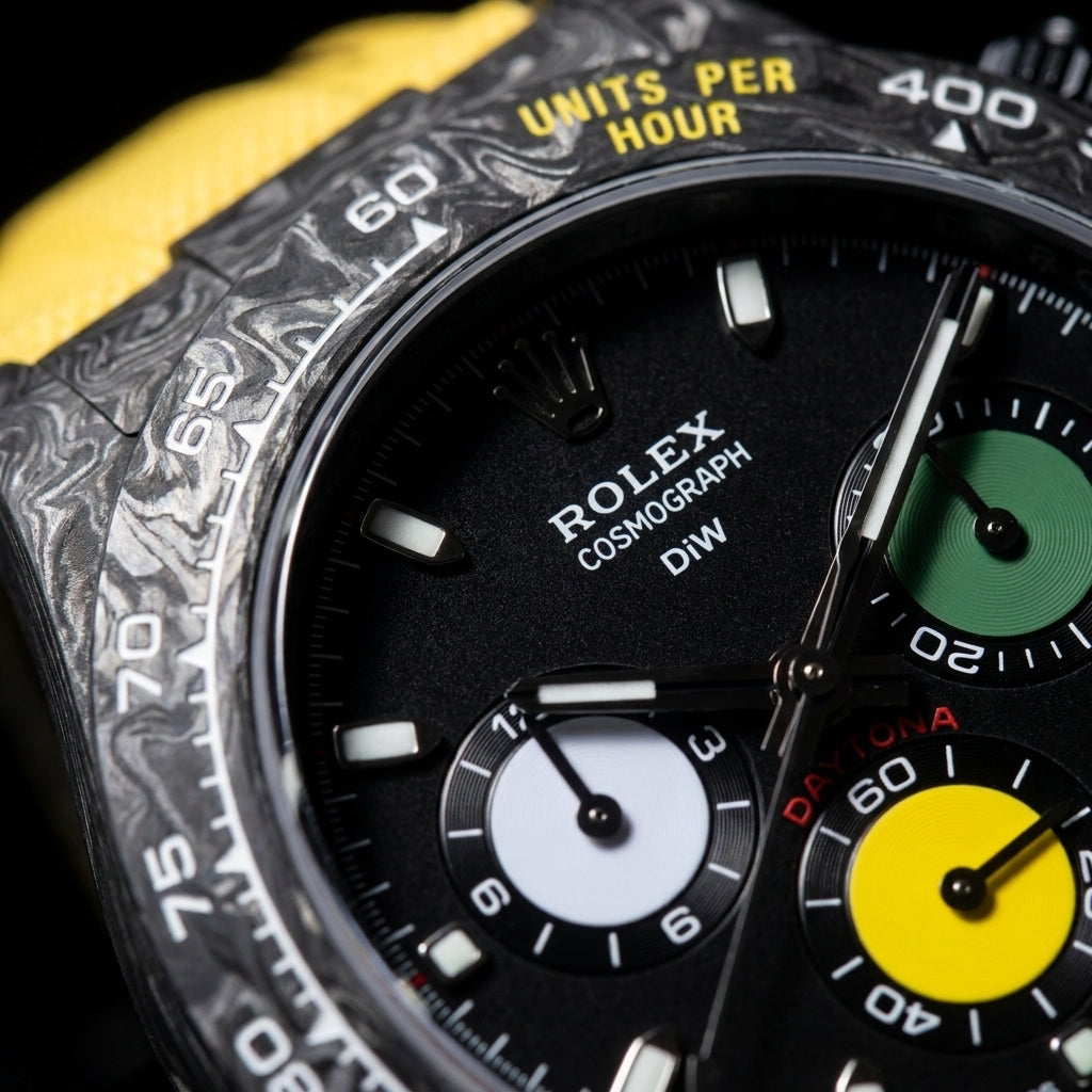 Close macro of the dial and bezel detail on the Yellow Racing