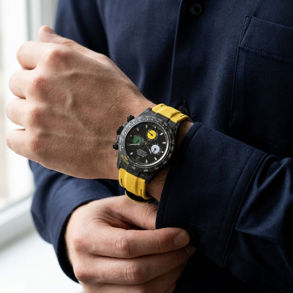 Yellow Racing Chronograph — Forged Carbon, Tri-Colour Dial — editorial photograph