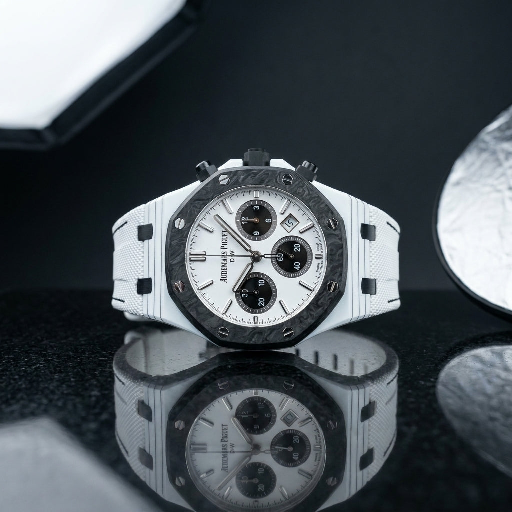 Studio photograph of the White Ceramic Sports on black granite