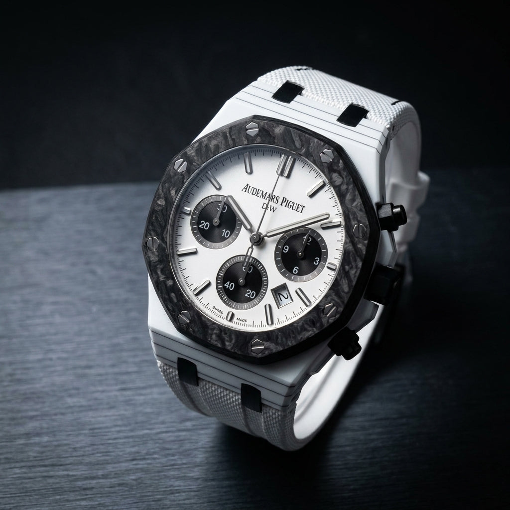 Three-quarter view showing the case profile and bracelet of the White Ceramic Sports