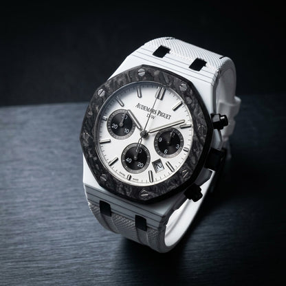 Three-quarter view showing the case profile and bracelet of the White Ceramic Sports