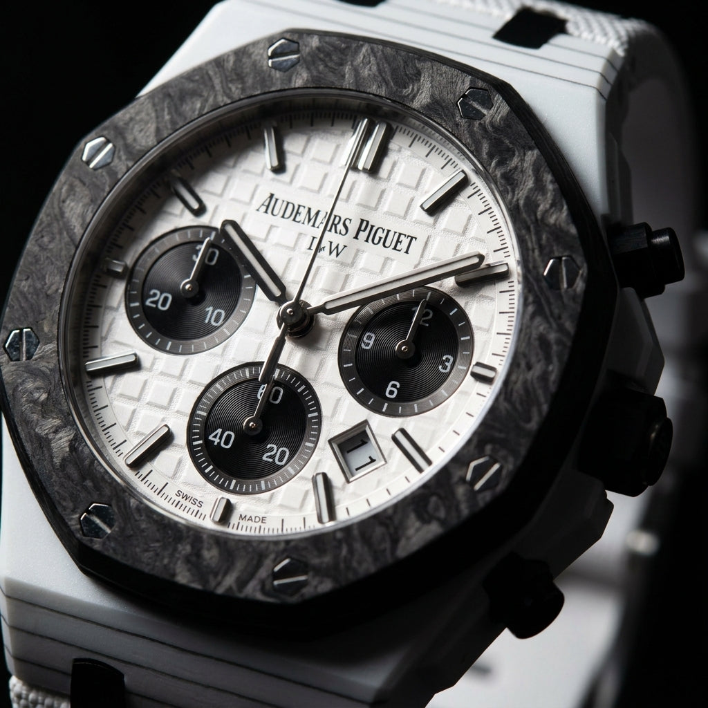 Close macro of the dial and bezel detail on the White Ceramic Sports