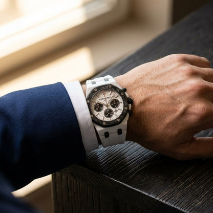 The White Ceramic Sports worn on the wrist beneath a tailored shirt cuff