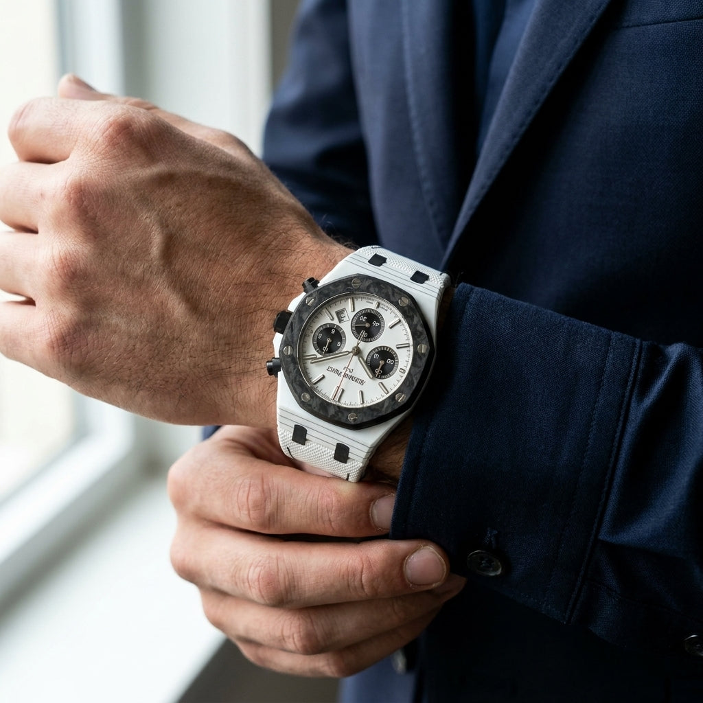 White Ceramic Sports Chronograph — Forged Carbon Bezel — editorial photograph