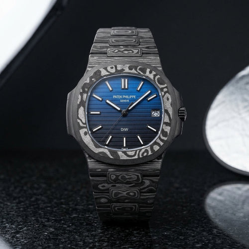 Forged carbon sports watch with a blue gradient dial on black granite