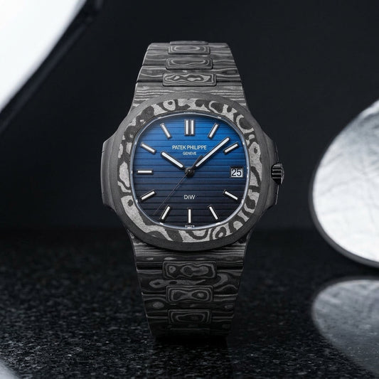 Forged carbon sports watch with a blue gradient dial on black granite