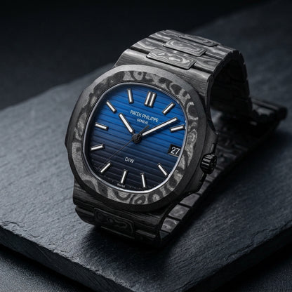 Carbon sports watch at a three-quarter angle on dark slate