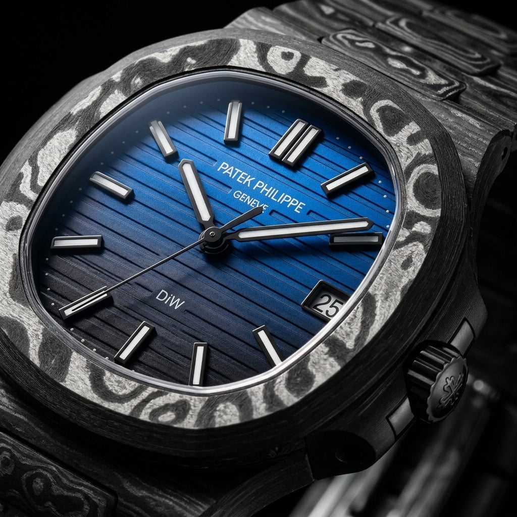 Macro of the ribbed blue gradient dial and the marbled carbon bezel