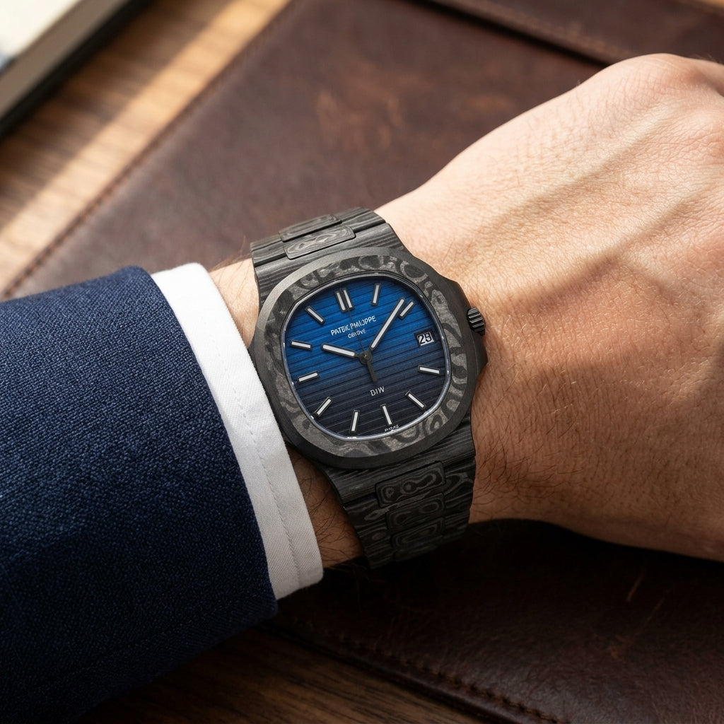 Carbon sports watch worn under a suit cuff