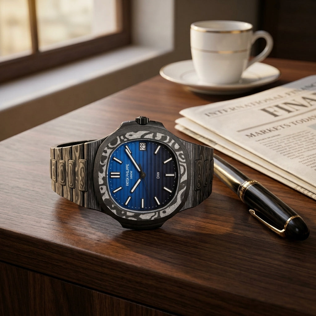 Forged carbon sports watch with a blue gradient dial on a dark walnut desk beside a fountain pen