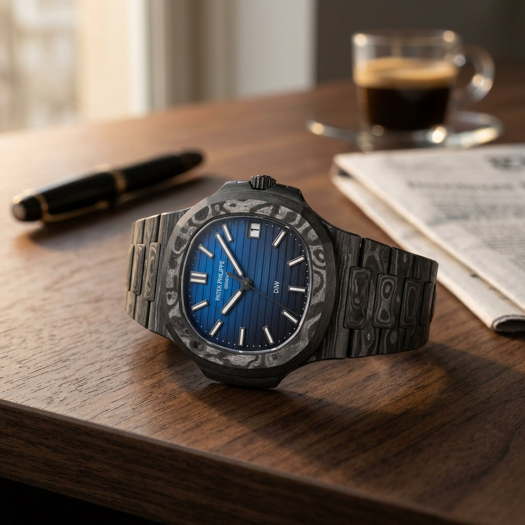 Forged carbon sports watch with a blue gradient dial on a dark walnut desk beside a fountain pen