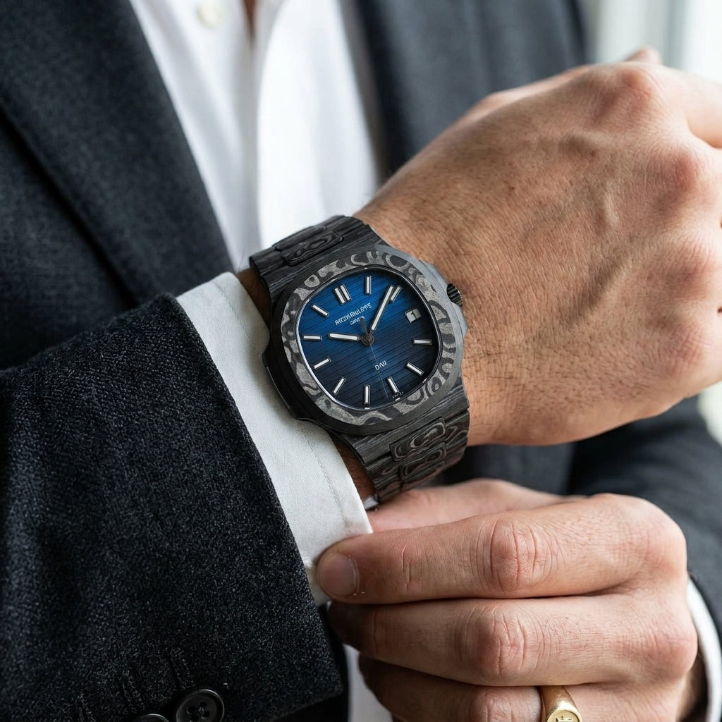Forged carbon sports watch with a blue gradient dial on the wrist as a shirt cuff is fastened