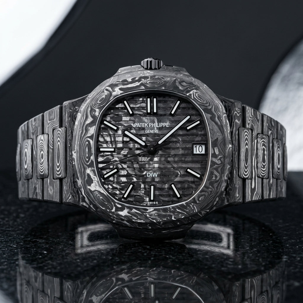 Forged carbon sports watch with a grooved black and silver-white carbon dial, upright on polished black granite