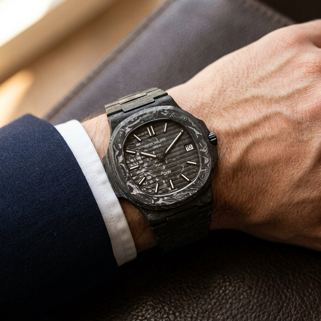 Carbon-dial sports watch on its marbled black and silver-white carbon bracelet, worn on the wrist below a navy suit cuff