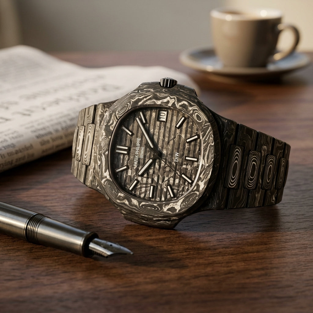 Forged carbon sports watch with a marbled carbon dial on a dark walnut desk beside a fountain pen