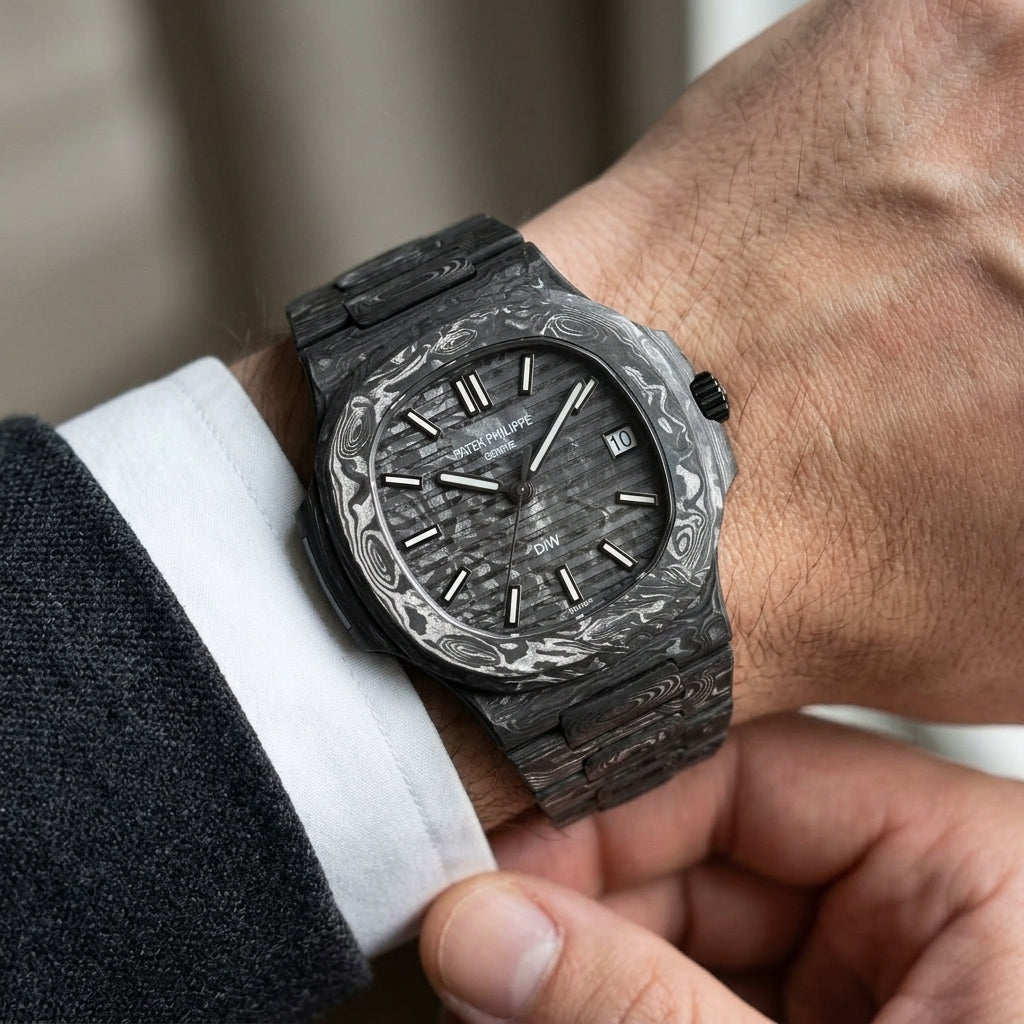 Forged carbon sports watch with a marbled carbon dial on the wrist as a shirt cuff is fastened