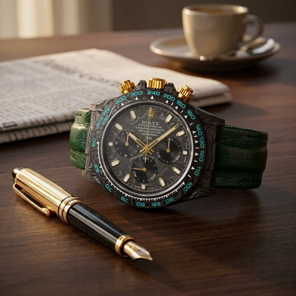 Forged-carbon chronograph with a marbled carbon dial, gold fittings and turquoise bezel numerals on a dark walnut desk beside a fountain pen