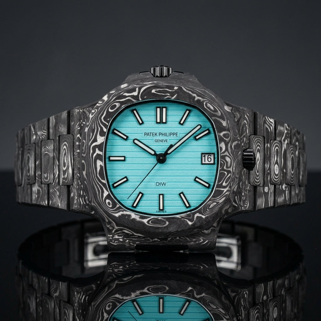 Carbon sports watch with a turquoise dial on black granite