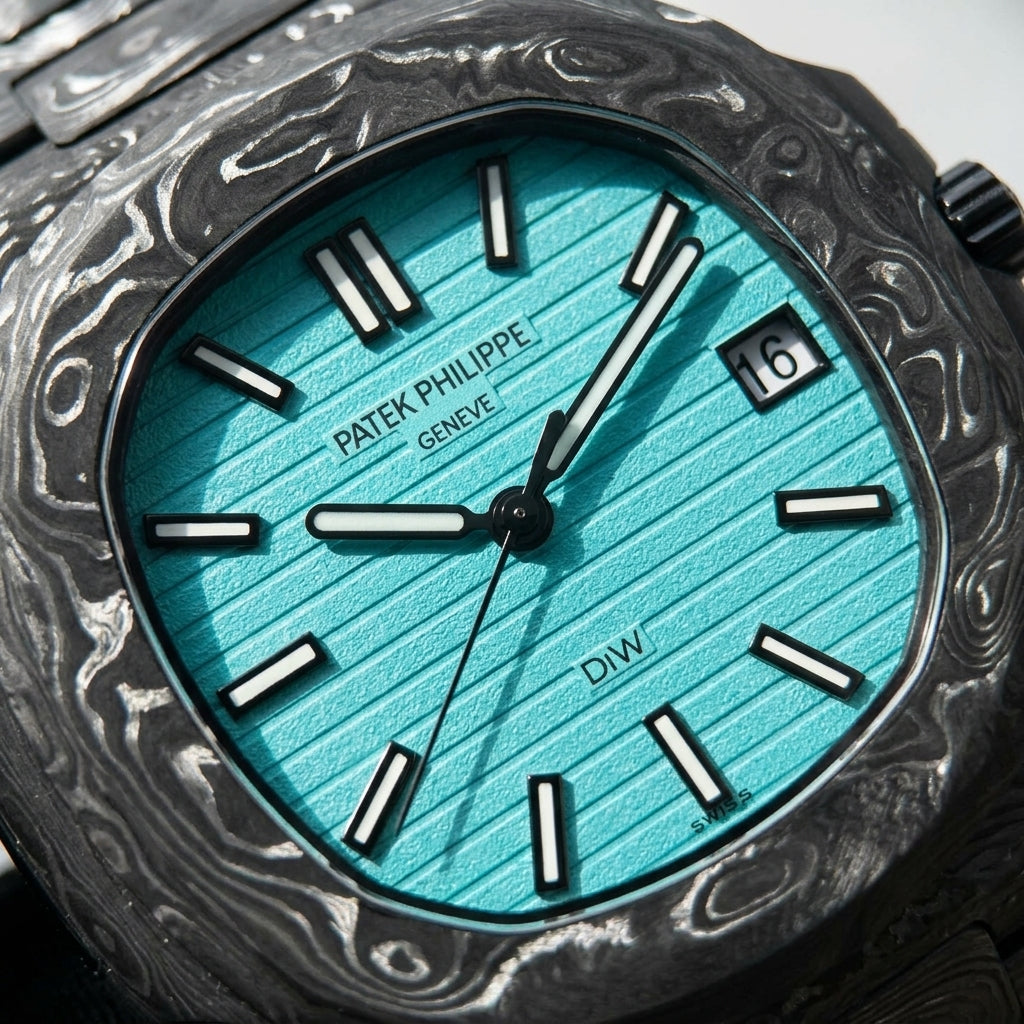 Macro of the ribbed turquoise dial and the marbled carbon bezel