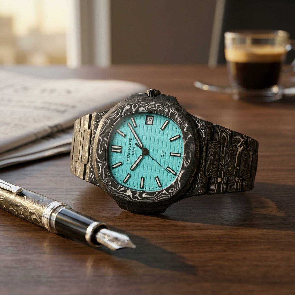 Forged carbon sports watch with a turquoise dial on a dark walnut desk beside a fountain pen