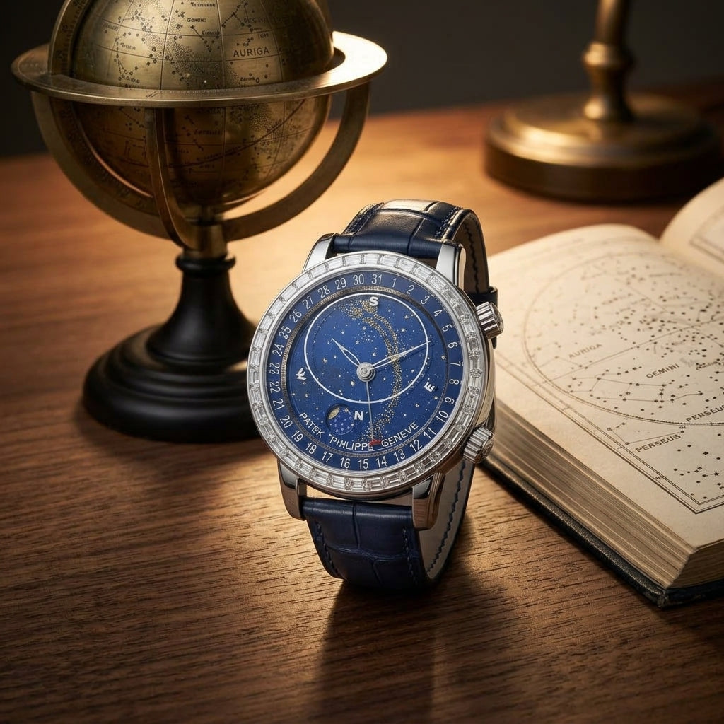 Star chart dial with moon phase and calendar ring, on a blue alligator strap