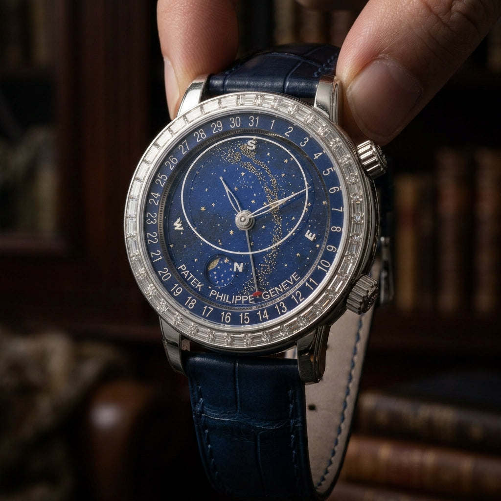 Macro of the stone-set bezel and midnight blue star chart dial
