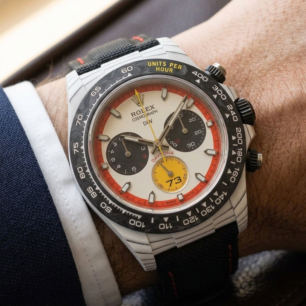 White carbon chronograph on its black canvas strap with red stitching, worn on the wrist below a navy suit cuff