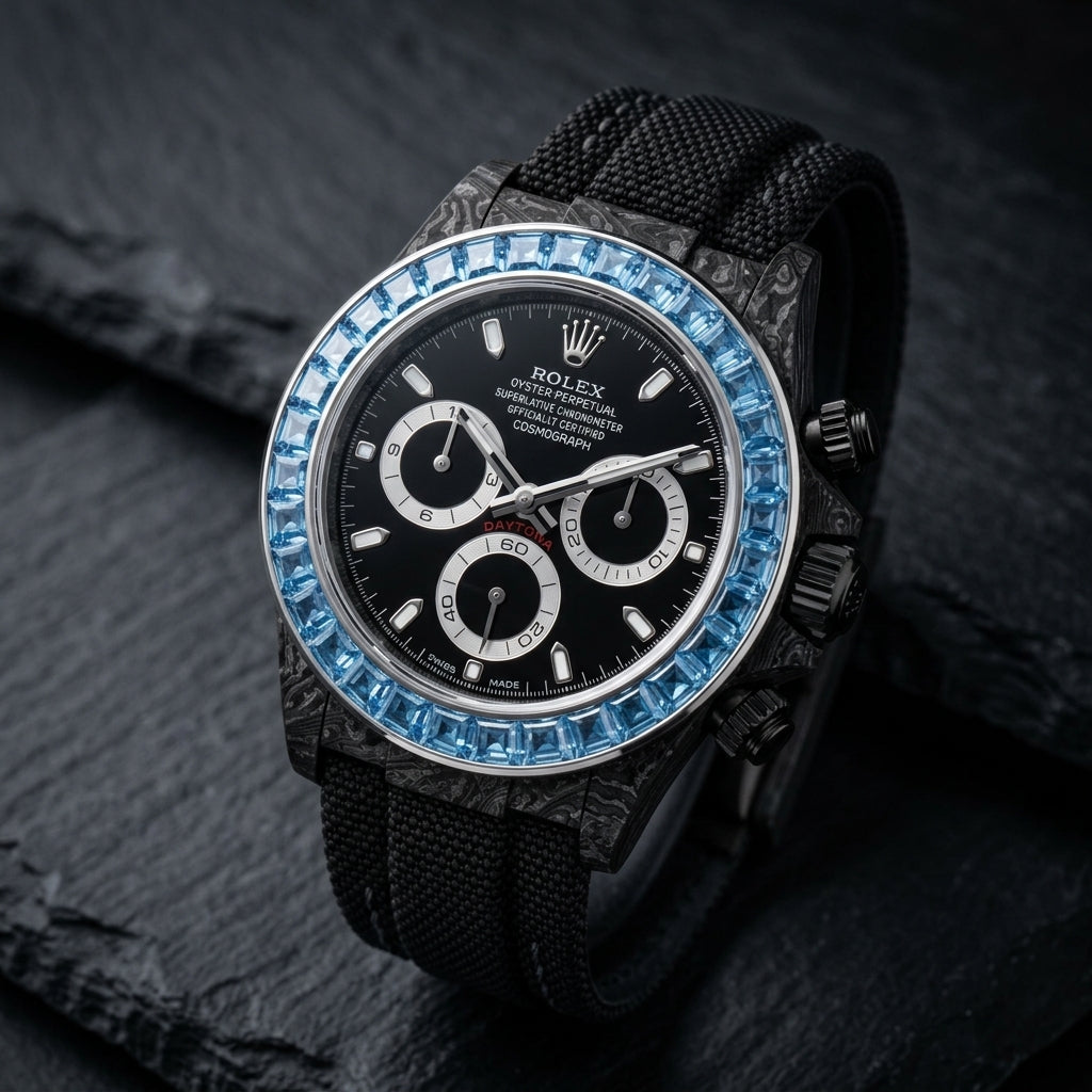 Black forged-carbon chronograph at a three-quarter angle on dark slate, swirling grey grain on its flank and black pushers beside the blue stones